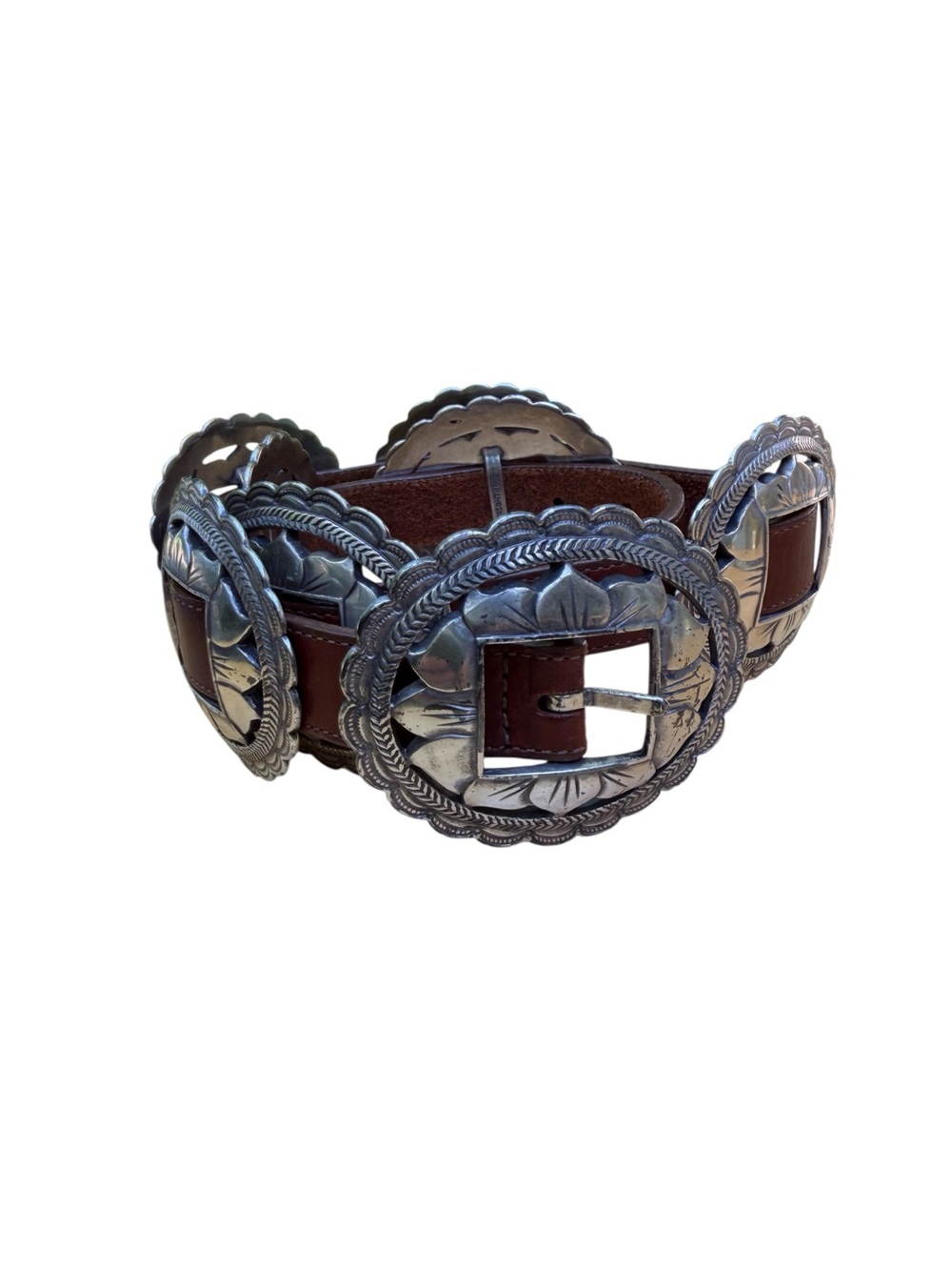 Brighton Y2K Western Concho Leather Belt in Brown and Silver - Picture 4 of 6